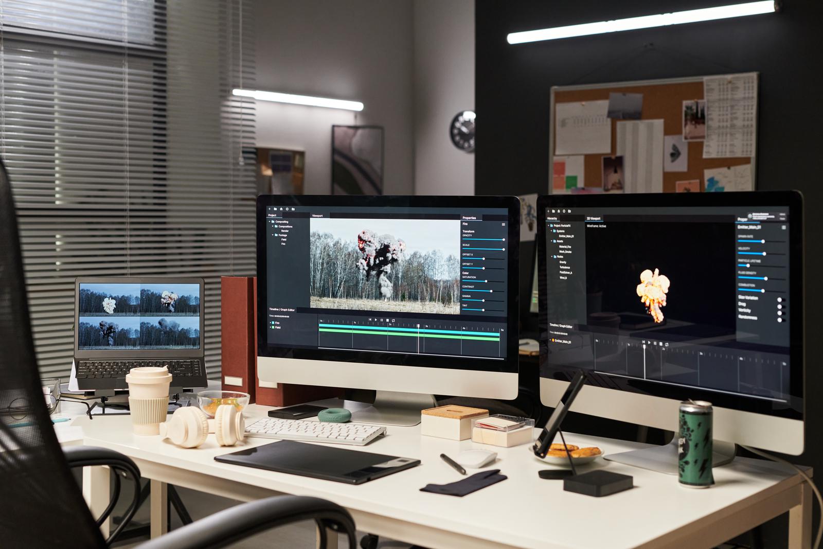 Video editing suite with dual monitors showing an editing timeline